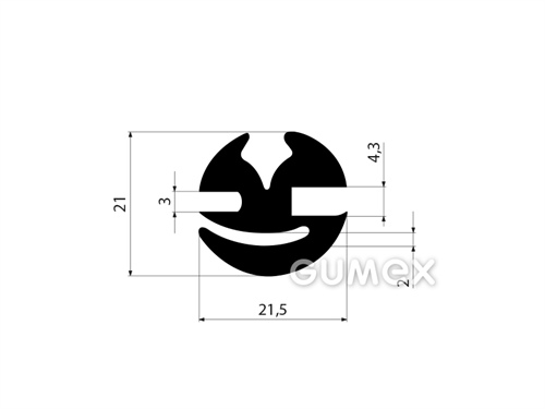 Gumový profil do okien dopravných prostriedkov, 21x21,5/3/4,3mm, odporúčaný klinkom 00598001, 70°ShA, EPDM, -40°C/+100°C, čierny